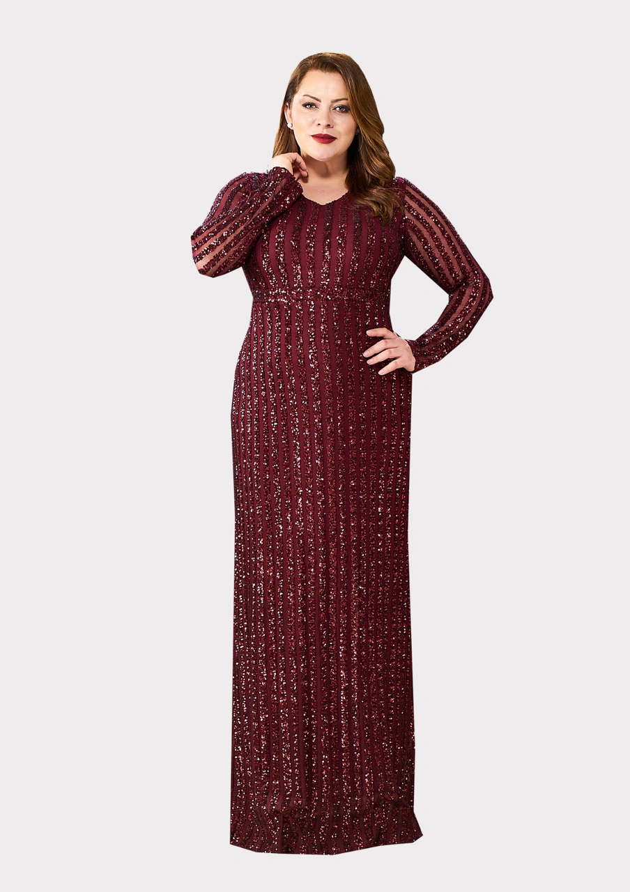 Lilas Xxl Büyük Beden Bordo Renkli Payetli Likralı Uzun Abiye Bordo