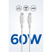 Usb-c Usb-c Hızlı Şarj Kablosu, 60w Pd, 1.2 Metre, Silikon Kaplama Beyaz