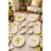 Amalfi 10 Parça 4 Kişilik Stackable Seramik Kahvaltı Takımı Limon Desenli Ayaklı Sunumluklu Sofra Seti Beyaz