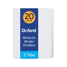 Oxford Bağlayıcı Bölücüler Üzerine Boş Yazma, 1/5 Kesilmiş Sekmeler, 5 Sekmeli Sette 3 Delik Delici Bölücü, 100 Bölücü, 20 Set, Beyaz 89981