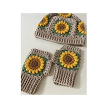 Crochet Ayçiçek Desenli Kadın Bere Eldiven Set, Kadın Bere, Kadın Eldiven ,tığ İşi Bere Eldiven Set