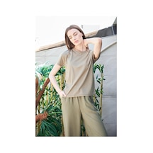 Jument Kadın Sıfır Yaka Kırışmaz Span Karışımlı Şık Kısa Kol Likralı T-shirt Bluz-haki Haki