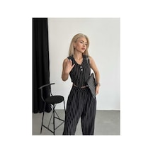 Unika Boutique Çizgili Astarlı Yelek Pantolon Takım siyah