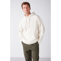 GRIMELANGE Steve Erkek Yumusaçık Kumaşlı Kordonlu Oversize Kapüşonlu Kanguru Cepli Ekru Sweatshirt Ekru