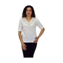 Kadın Yarım Kol V Yaka Yaka Sırt Detaylı Triko Tişöt 12835 Bgl-st04657 Ekru