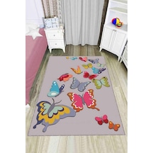 Çok Renkli Kaymaz Tabanlı Kelebekli Çocuk Halısı Kd053n11