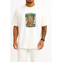 Bahriyeli Collection Oversize Başarı Sadece Denemeyi Bırakmazsan Gelir Göğüs Baskılı Unisex T-shirt Beyaz