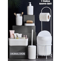 7 Parça Banyo Seti Çöp Kovalı Tuvalet Kağıtlığı Ve Fırçası - Kozmetik Kutusu - Diş Fırçalık - Katı Ve Sıvı Sabunluklar Beyaz