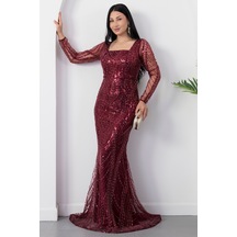 Kalopya Kare Yaka Uzun Kol Boncuklu Abiye Elbise 41231 Bordo