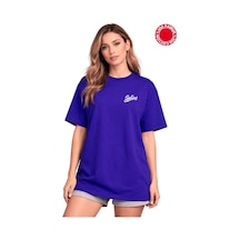 Believe Minimal Baskılı Saks Mavi Oversize Tişört - %100 Pamuk Saks Mavi