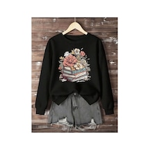 Herkesemoda Kitap Ve Çiçek Baskı Detaylı Bisiklet Yaka İçi Polarlı Sweatshirt Siyah