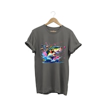 Fishing Balıkçılık Renkli Levrek Balığı Baskılı Avcılık %100 Pamuk Regular Fit Unisex T-shirt Gri