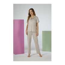 Estiva Kadın Pembe Çizgili Gri Kısa Kollu Önden Düğmeli Soft Pijama Takımı Çok renkli
