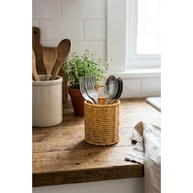 Yuvarlak Hasır Dokulu Plastik Rattan Kaşıklık Ve Çatallık, Askılı Çok Amaçlı Mutfak Organizeri, 10x14 Cm Çok Renkli