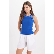 Tudors Kadın Slim Fit Dar Kesim Pamuklu Askılı Bisiklet Yaka Biyeli Saks Mavi Crop Atlet-50982