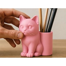 3d Baskı Kedi Figürlü Kalemlik - Masaüstü Organizer - Pembe Diğer