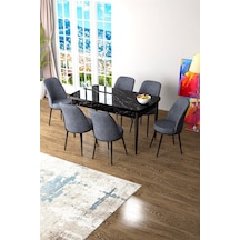 Canisa Concept Canisa Zen Serisi 1. Sınıf Mdf Açılabilir Siyah Mermer Desenli Masa 6 Füme Sandalye Masa Siyah Mermer Desenli Sandalyeler Füme