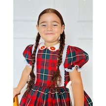 H L Y Karol Tasarım Kırmızı Yakası Çiçekli Ekose Kız Bebek Elbisesi, Özel Dikim Kız Çocuk Elbisesi, Doğum Günü Elbisesi, Fotoğraf Çekim Elbisesi, Kız Bebek Hediyesi, 0-12 Yaşa Uygun Kırmızı