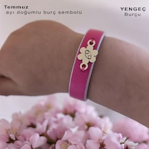 Temmuz Ayı Doğumlarına Doğal Pembe Derili 14 Ayar Altın Plakalı Çiçek Motifli Hediye Bileklik-383ay Temmuz