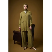 Armine Trend Cep Detaylı Boydan Fermuarlı Pantolonlu Keten İkili Takım Olive 26yt612 Sarı