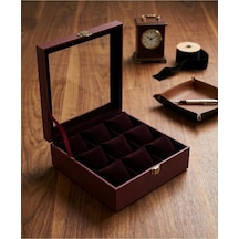 Premium 9 Yuvalı Deri Kaplama Cam Kapaklı Şık Tasarım Saat Saklama Kutusu Ebat 23x25 Cm Bordo