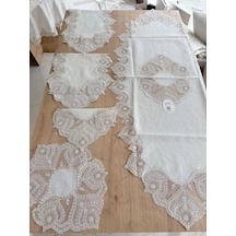 Salon Takımı Çeyizlik Krem Runner Set 5 Parça Keten Ranır Masa Konsol Sehpa Örtüsü Kartanesi Çok Renkli