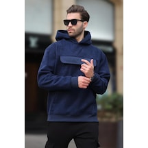 Madmext Lacivert Kapüşonlu Kapaklı Cep Detaylı Polar Erkek Sweatshirt 7097 Lacivert