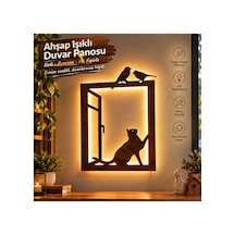 Ahşap Işıklı Duvar Dekoru Tablo Kedi Kuş Pencere Figürlü 50x34 Cm