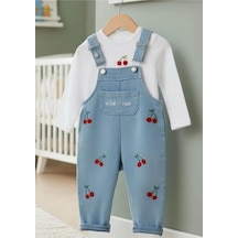 Altıntaş Baby Kiraz Nakışlı Örme Kot Kumaş Salopet T-shirt Mevsimlik 2li Set Mavi Kırmızı Mavi Kırmızı