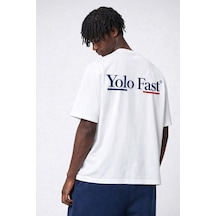 Yolo Street Erkek Beyaz Oversize Tişört %100 Pamuk Yolo Fast Baskılı Streetwear Unisex Basic Beyaz