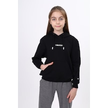 Toontoy Kız Çocuk Oversize Kapüşonlu Cepli Düşük Omuz Baskılı Sweatshirt - 2 İplik Siyah