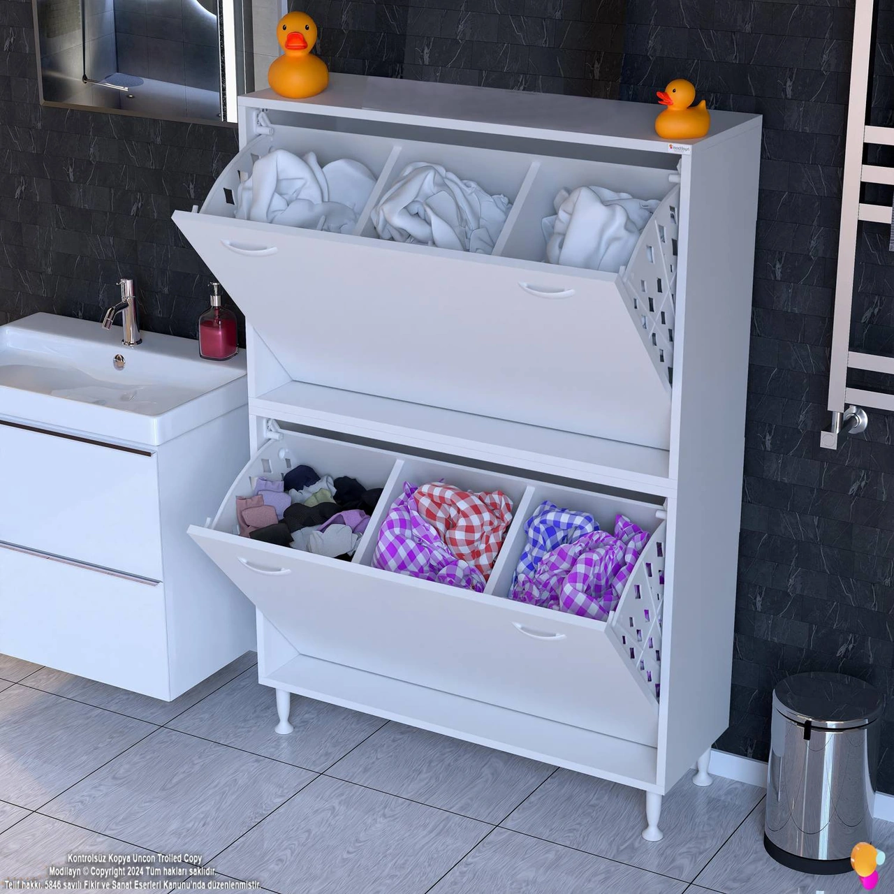 Esil Banyo Kirli Çamaşır Dolabı Banyo Dolabı 6 Bölmeli Saklayıcı Sepetli Dolap 100x138x325 Cm Beyaz