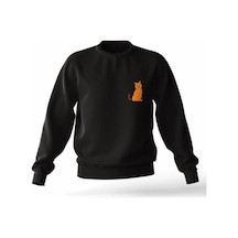 Startmore Siyah Kapşonsuz 0 Yaka Kedi Baskılı Pamuklu Unisex Sweatshirt Siyah