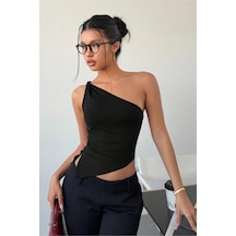 Kadın Siyah Tek Omuz Bluz Asimetrik Kesim Likralı Crop Şık Ve Modern Tasarım Siyah