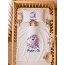 İsme Özel Kız Bebek Battaniye 80x80 Cm Ve Yastık Kılıfı 35x45 Cm %100 Pamuk Organik Baskılı Bebek Seti Bebek Hediyesi 2028yb Krem