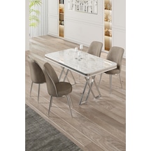 Canisa Vals Serisi 80x130 Lak Panel Beyaz Mermer Desen Masa Takımı Krom Ayaklı 4 Cappucino Sandalye Beyaz Mermer Desen Masa Cappucino Sandalye