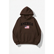 Uyguntarz Unisex Yumuşak Dokulu America Baskılı Tasarım Oversize 3 İplik Hoodie Sweatshirt Kahverengi