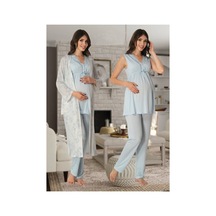 Kaktüslohusa 8034 Mavi Yakası Dantel Desenli Sabahlıklı Hamile Lohusa Pijama Takımı Mavi