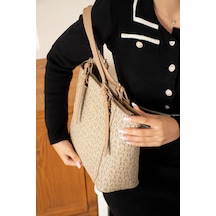Just Polo Kadın Omuz Çantası Desenli Büyük Boy Günlük Shopper Tote Çanta Kum