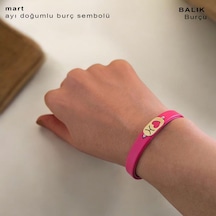 Mart Ayı Doğumlarına 14 Ayar Altın Plakalı Kalp Motifli Doğal Pembe Derili Hediye Bileklik-377ay Mart