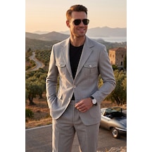Deepsea Erkek Gri Safari Ceketli Slim Fit 2'li Takım Elbise Pileli Duble Paça Pantolon 2600723