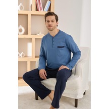 Pijamoni Erkek %100 Pamuk Penye Mevsimlik Uzun Kollu Pijama Takımı 6842 Mavi