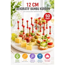 50 Adet Dekoratif Kırmızı Örgülü Bambu Kürdan 12 Cm Kokteyl Parti Kanepe Sunum Çubuğu Seti Paket