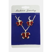 Kelebek - 840 - Zirkon Taşlı Set - Nazblsmm - Kolye Kırmızı