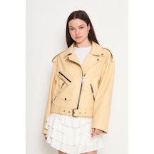 M M Marki Marki Kadın Hakiki Jumbo Deri Ceket Biker Tarz, Kemerli, Oversize, Apoletli, 65 Cm, Bej - 116622x