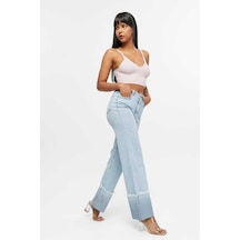 Shevega Kadın Açik Mavi Işlemli Ters Paça Püskül Bol Paça Kot Jeans Pantolon Açık Mavi