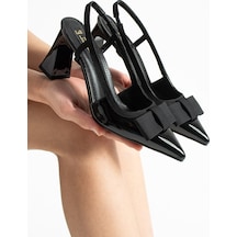Lebibe Shoes Lerında Kadın Siyah Sivri Burun Rugan Slingback 7 Cm Topuk Fiyonklu Klasik Ayakkabı