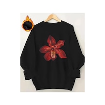 Herkesemoda Kırmızı Orkide Baskı Detaylı Bisiklet Yaka Sweatshirt Siyah