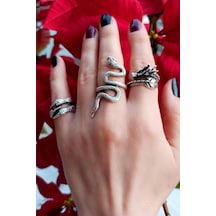 Antik Gümüş Kaplama Ejderha - Pençe - Yılan Şekilli Ayarlanabilir Yüzük Seti
