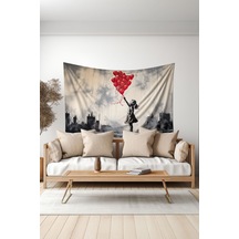 Kırmızı Balonlu Kız Desenli Duvar Halısı Duvar Örtüsü Tapestry Süet Dokulu Kumaş